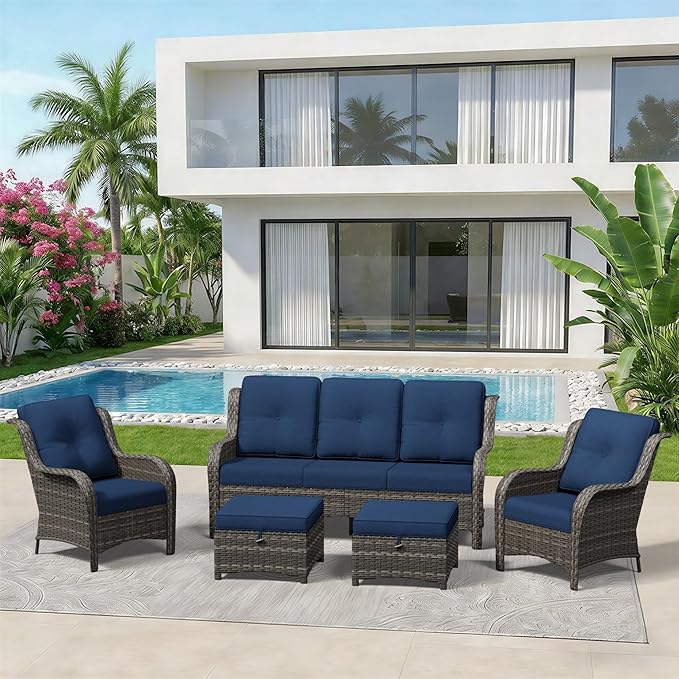 5 Piece Outdoor Wicker Patio Furniture Set, Patio Chairs Set with Thickened Olefin Cushions, High Back and Deep Seating, Hand-Woven PE Rattan, Ottoman for Porch, Deck