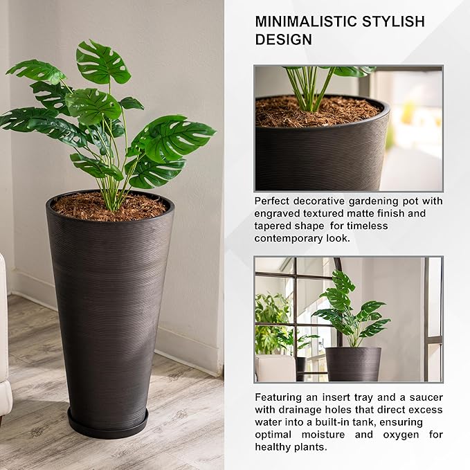 XBrand Modern 28-Inch Tall Round Planter, Modern Tapered Planter Perfect for Indoor & Outdoor Planter, Patio Décor, Set of 2, Black