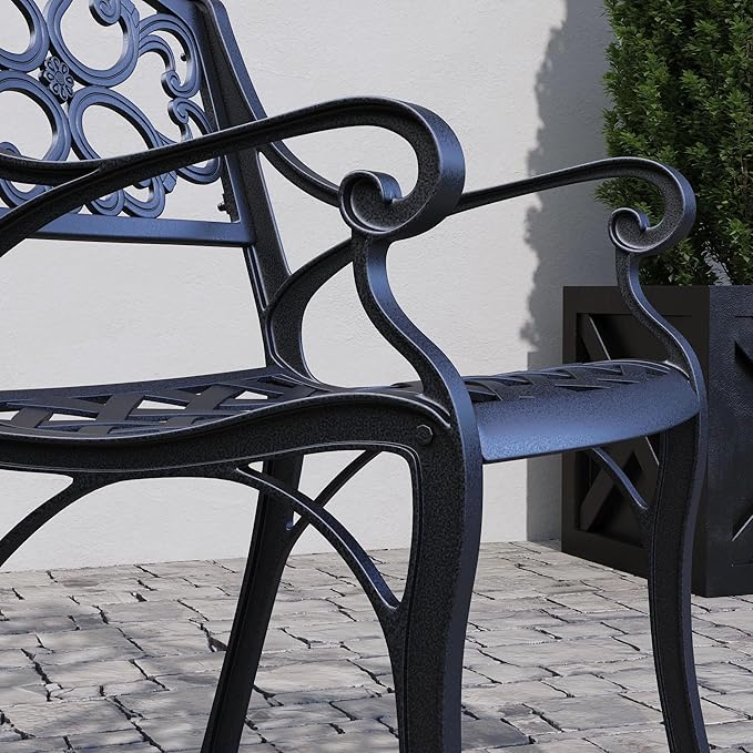 Homestyles Sanibel Black Stationary Cast Aluminum Outdoor Dining Chair, 2 Piece Patio Chairs, Set of 2 Garden Chairs with Armrest & Backrest for Garden Patio Pool Beach Yard, Black