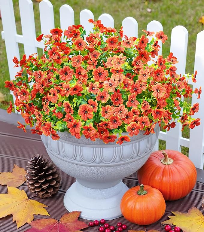 florisso Artificial Fake Fall Mums Flowers Plants for Outdoor Outside Decoration, 12 Bundles Faux Silk Orange Daisy UV Resistant Look Real for Autumn Front Door Porch Planter Patio Garden Home