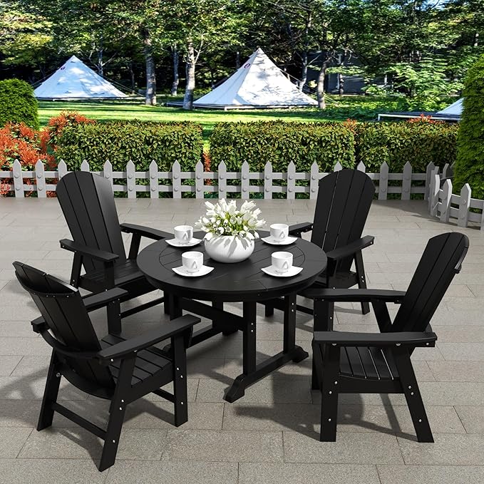 WestinTrends Malibu 5 Piece Adirondack Patio Dining Set, All Weather Poly Lumber Outdoor Table and Chairs Furniture Set, 47" Trestle Round Dining Table and 4 Adirondack Dining Chair, Black