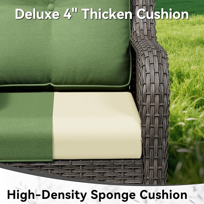 2 Pieces Outdoor Swivel Rocker Patio Chairs Set - Outdoor Wicker Patio Furniture Sets with 1 Side Table, Olefin Fabric Cushions Suitable for Backyard Deck and Porch, Green