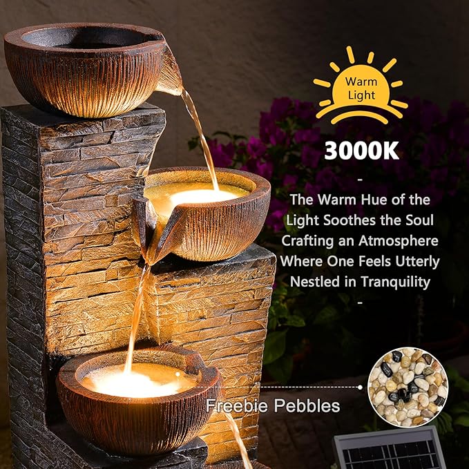 Solar Water Fountain Outdoor Garden, 38.2" Tall Stone Texture Modern Outdoor Fountain with 4 Tiers Cascading Bowls and Pump Solar Panel for Patio, Deck, Porch, Backyard Home Decor