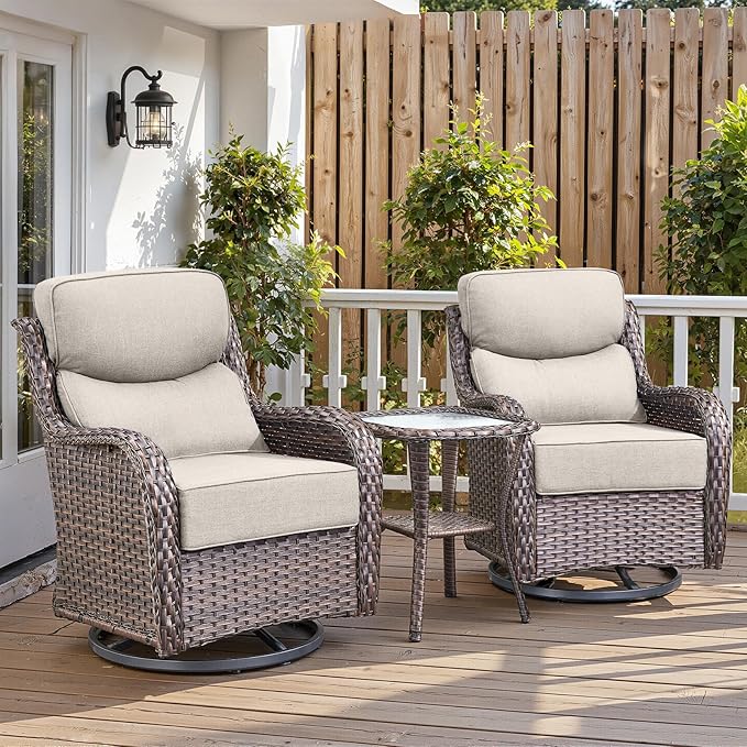 Belord Luxury 6" Thick Cushioned Outdoor Swivel Rocker Patio Chairs with Side Table, High Back Wicker Furniture Set with Ergonomic Zone Back, Conversation Glider Set for Deck Porch - Brown+Beige