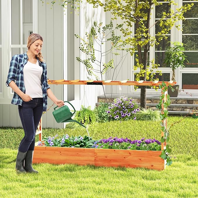 HAPPYGRILL Raised Garden Bed with Trellis, Freestanding Wood Planter Box w/Hanging Roof & 8 Drainage Holes for Vine, Climbing Plants, Flowers, Outdoor Planter with Trellis for Garden, Patio, Yard