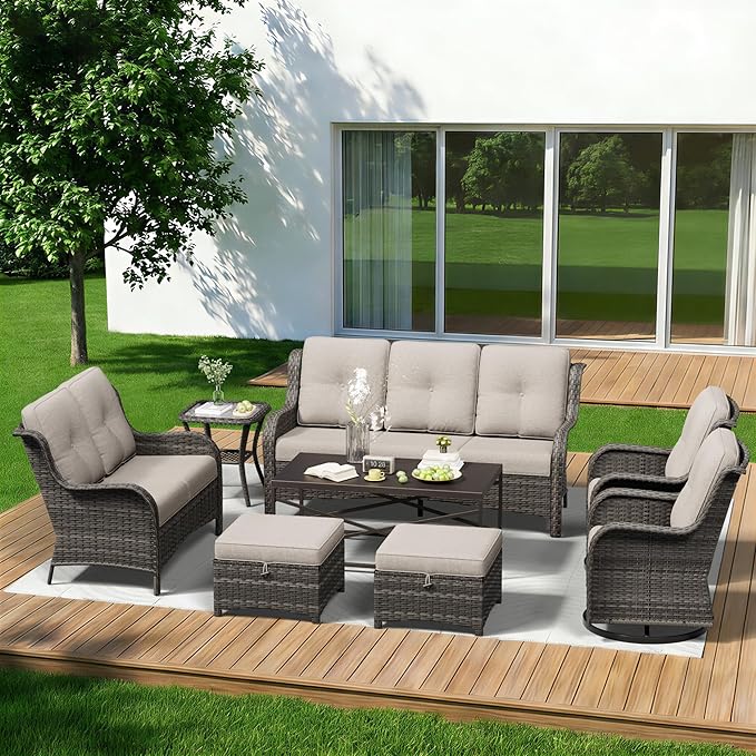 8 Piece Outdoor Wicker Patio Furniture Set, Outdoor Swivel Rocker Patio Chairs Set with Thickened Olefin Cushions, High Back and Deep Seating, Hand-Woven PE Rattan for Porch, Deck