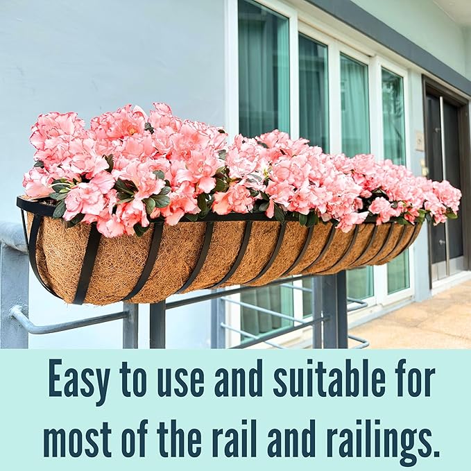 LaLaGreen Planter Boxes Outdoor (48 Inch, 4 Pack) Long Rectangular Deck Railings Flower Box with Coco Liner, Black Metal Balcony Bracket Hanging Planters for Plants Over Rails Fence Patio Porch Decor