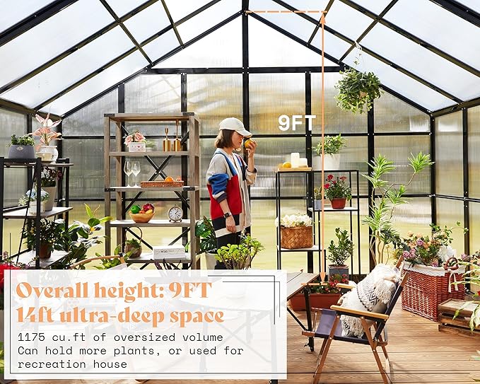 AMERLIFE 12×13.5×9 FT Walk-in Backyard Garden Greenhouse, Polycarbonate Panels, Aluminum Frame, Quick Connect Assembly, 6.7 FT Bronze Double Doors & 4 Vents, Black