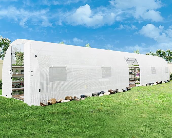 AMERLIFE 44x10x7.5 FT Tunnel Greenhouse for Outdoors, Large Walk-in Greenhouse kit with Reinforced Steel Frame, Swing Door & Premium PE Cover, White