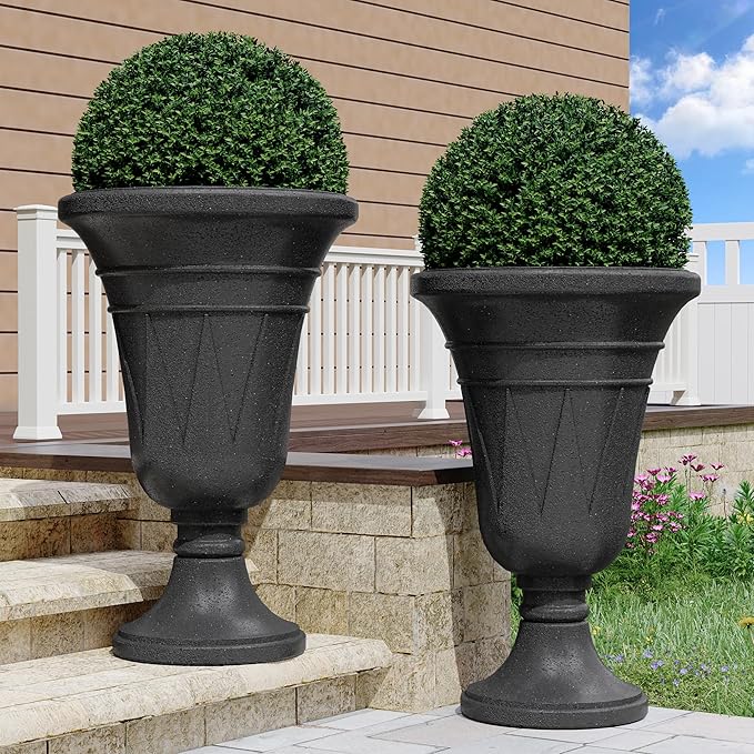 seethmi 23" Tall Planters for Outdoor Plants Set of 2, Planter with Drainage Holes and Trophy Design, Large Outdoor Planters for Porch, Garden, Black