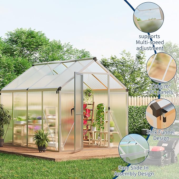 6X8 Ft Polycarbonate Greenhouse Sunroom with Aluminum Frame, Outdoor Greenhouse for Vegetables Herbs Flowers, Lockable Door & Adjustable Roof Vent, Patio Backyard Greenhouse Kit for Gardening, Silver