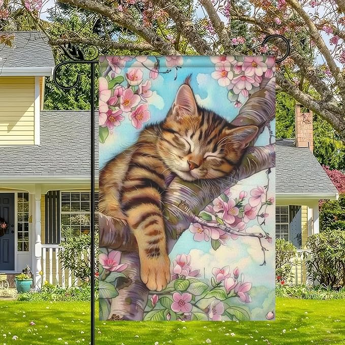 Spring Garden Flag 12x18 Double-Sided Spring Outdoor Decor Cat in Blooming Cherry Blossoms Springs Flag For Outside for Outdoor DecorationYard and Porch