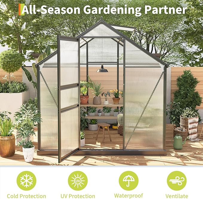 6*6 FT Outdoor Walk-in Greenhouse, Polycarbonate Green House, Heavy Duty Greenhouse with Vented Roof Window, Windproof Aluminum Frame, Suitable for Outside Gardening, Backyard, Patio