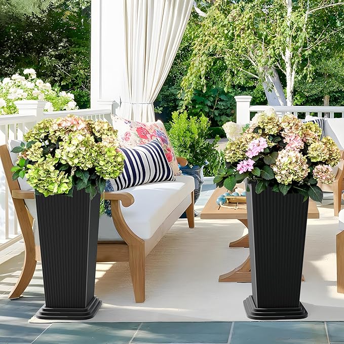 TUYOHW Set of 4 24" Tall Plastic Planters with Trays, Large Tapered Plant Pots for Indoor Outdoor Use, Modern Decorative Planters for Porch, Patio, Garden, and Backyard
