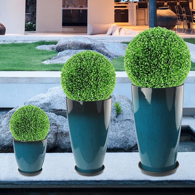 Goldshire 24-21-11 Inch Tall Planters Set of 3, Indoor Outdoor Blue Glossy Round Planter with Drainage Hole and Saucer, Large Decorative Plant Pots for Home Garden Porch