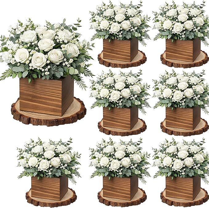 Leinuosen 16 Pcs Wedding Centerpieces Decor Set 8 x 4-inch Rustic Wood Cube Planter Box with 8 x Natural Wood Slices Tabletop Floral Arrangements for Baby Shower Home Garden Decorations