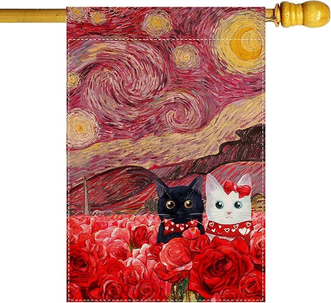 Valentine’s Day Starry Sky Inspired Couple Cats Romantic Rose House Flag large 28X40 Inch Big Vertical Double Sided Yard Outdoor Outside Holiday Decoration