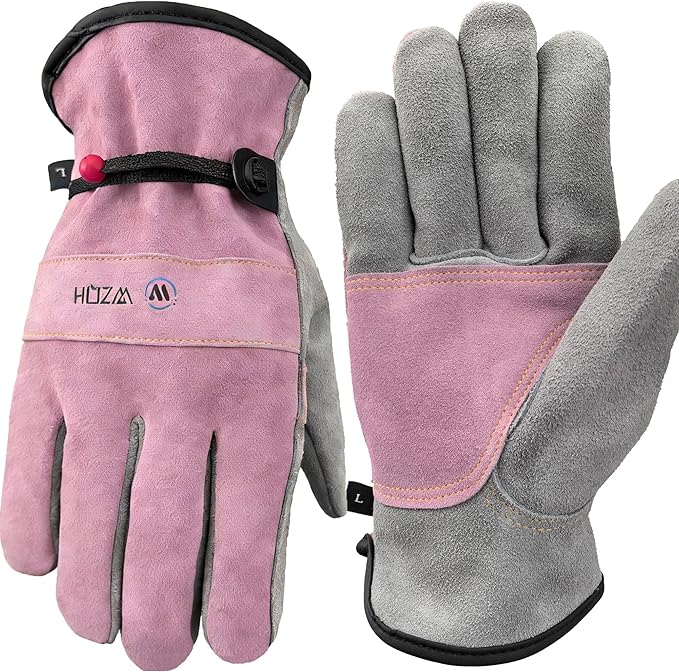 Leather Work Gloves for Men or Women. Medium Glove for Gardening, Tig/Mig Welding, Construction, Chainsaw, Farm, Ranch, etc. Cowhide, Cotton Lined, Utility, Firm Grip, Durable. Pink-Grey M
