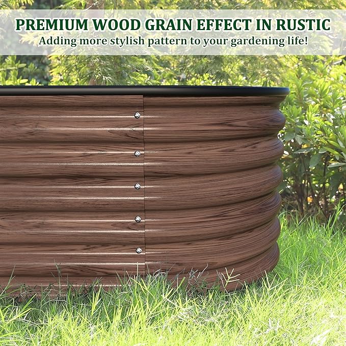 BlueWish 8x2x1.4FT Metal Galvanized Raised Garden Bed, 17’’H Wood Grain Raised Garden Bed, 9 in 1 Modular Planter Box Raised Bed for Gardening Plants Flowers, Rustic