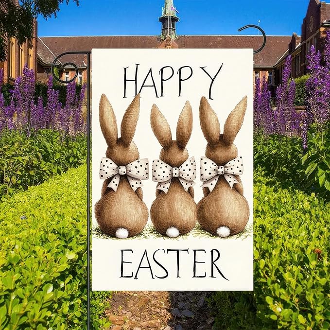 Happy Easter Garden Flag 12x18 Inch Double Sided Bunny Bow Yard Flag Outdoor Welcome Yard Holiday Decoration Colorful Easter Three Cute Bunny Holiady Supplies