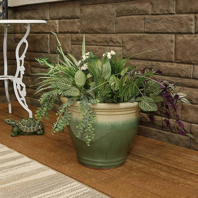 Sunnydaze Large Ceramic Plant Pot - Round Outdoor Glazed Ceramic Planter Pot with Drainage - Studio - Seafoam - 14.5"
