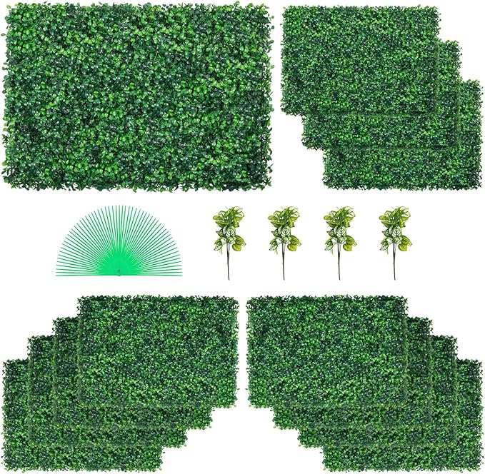 VEVOR 12PCS Grass Wall Panels, 24 x 16 in for 32 Sq Ft, Boxwood Hedge Wall Panels Artificial Grass Backdrop Wall, 1.6 in Sun Protected Privacy Hedge Screen for Indoor Outdoor Garden Fence Backyard