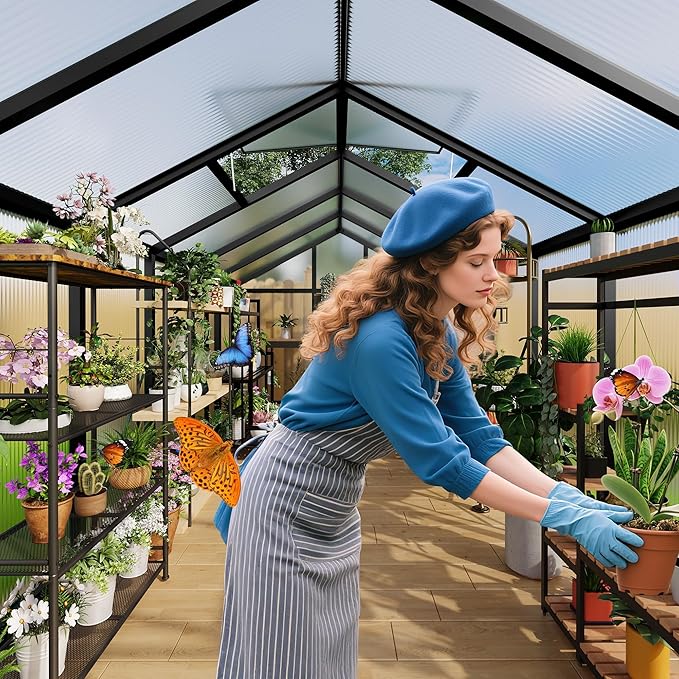 6X10 FT Greenhouse for Outdoors, Polycarbonate Greenhouse with Roof Vent, Ground Nails, Lockable Push Door, Aluminum Large Walk-in Green House for Outside Garden Backyard, Patio, Lawn, Black
