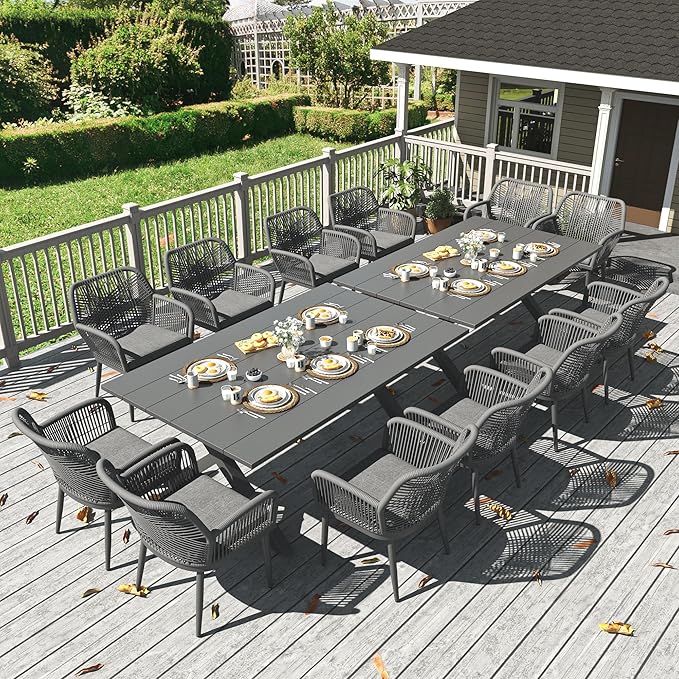 LayinSun Outdoor Dining Set for 12, 14 Pieces Patio Furniture Sets with Aluminum Dining Table and Rope Weave Chairs