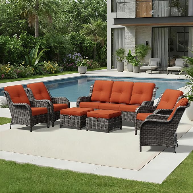 Joyside 7 Piece Wicker Patio Furniture Set, Rattan Patio Chairs with High Back, Deep Seating, Wide Armrest, Thickened Cushions, Outdoor Furniture for Deck, Porch Use