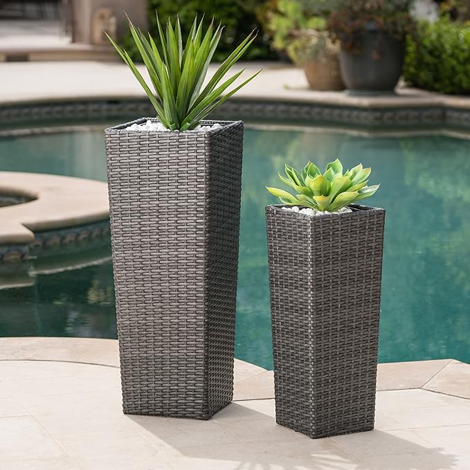 32"H Outdoor Rattan Flower Pots Set of 2,Patio Wicker All-Weather Planter Set,Rattan Plant Pots with Iron Frame for Herb Garden,or Indoor Decor,Large & Small Sizes, No Assembly Required Gray