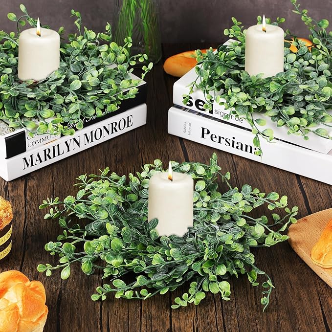 12 Pcs Mini Boxwood Table Centerpieces Green Pillars Candle Rings Wreaths 9 Inch Wreath for Cabinets Farmhouse Wreaths with Ribbon for Front Door Porch Wall Window Decorations