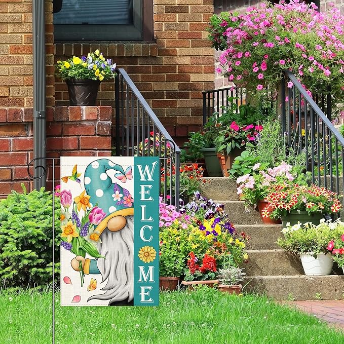 Welcome Spring Gnomes Garden Flag 12x18 Double Sided Vertical Outdoor Flag for Spring Summer Farmhouse Decoration Yard Lawn Garden Banner (Spring Garden Flag)