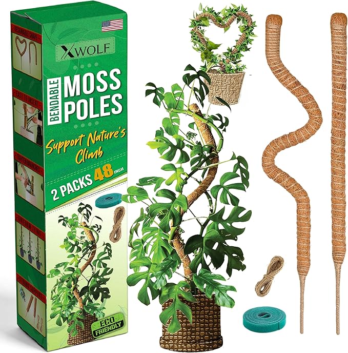 2 Pack 48 Inch Bendable Moss Pole Monstera Plant Support for Climbing Indoor Plants, Tall Coir Plant Pole Sticks & Plant Stakes for Pothos, Philodendron & Potted Plants, Includes Plant Ties