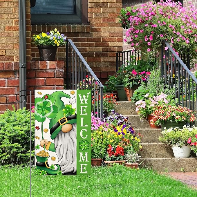 St Patricks Day Gnome Garden Flag 12×18 Inch Double Sided Vertical Farmhouse Yard Outdoor Holiday Yard Lawn Garden Banner (St Patricks Day Garden Flag)