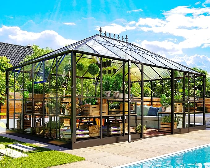 Jocisland 16x12x9.5 FT Polycarbonate Greenhouse with Clear Panels- 6 FT Wall Height Walk-in Greenhouse with 4 Vents, Double Doors with Hook, Outdoor Aluminum Greenhouses for Backyard Garden