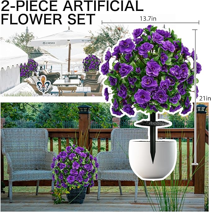 AZXVT Artificial Flowers for Outdoors, Faux Outdoor Plants Fake Plants Topiary Balls Artificial Outdoor Set of 2 with Ground Spike for Home Front Porch Patio Garden Decor (Purple)