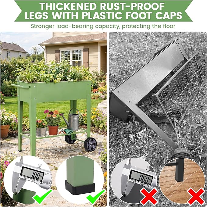 Elevated Raised Garden Bed with Legs- Galvanized Raised Beds for Gardening on Wheels, Anti-Rust Steel Planter Box with Storage Rack& Drain Hole for Backyard Patio Balcony (Green)