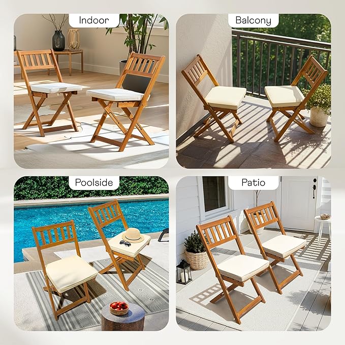 IDZO Serene Bistro Set – 2-Piece Foldable Acacia Wood Chairs with Cushions, FSC-Certified Durable Construction, Space-Saving Outdoor Seating for Balcony, Garden, Patio, or Porch