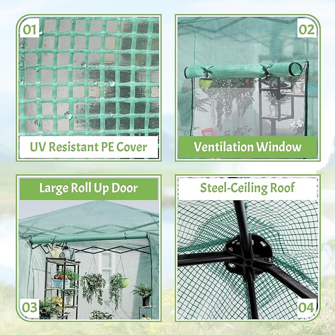 Greesum 6x4 FT Portable Small Greenhouse with PE Cover, Zippered Door and 2 Roll-up Windows, Easy Assemble(Green)