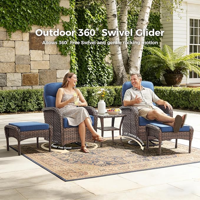 Luxury Patio Furniture Set with Fire Pit Table, Outdoor Furniture Set with High Back Swivel Chairs & 6-inch Thick Cushions, 10 PCS Fire Pit Patio Set for Yard, Deck, Poolside, Brown/Blue