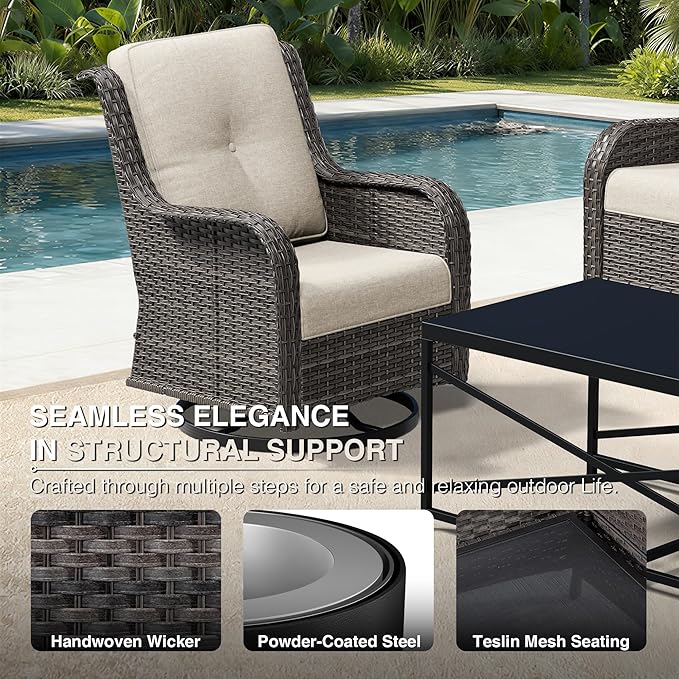 Joyside 6 Piece Wicker Patio Furniture Set, Outdoor Swivel Rocker Patio Chairs with High Back, Deep Seating, Wide Armrest, Thickened Cushions, Outdoor Furniture for Deck, Porch Use
