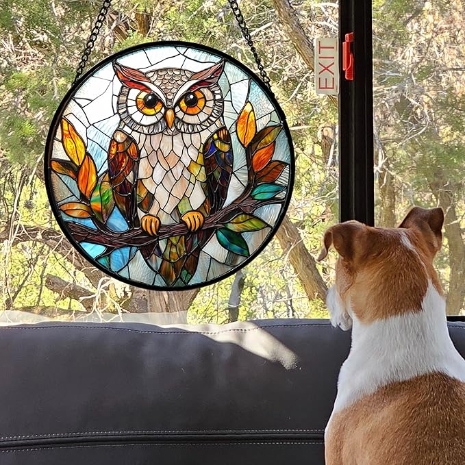DASTOLL Stained Glass Window Hanging, Owl Colorful Leaves Birds Sun Catchers Diamond Glass Panel Hangings Suncatcher Decor for Birthday for Women, Men, Wife, Aunt, and Mom 14.9x14.9 in