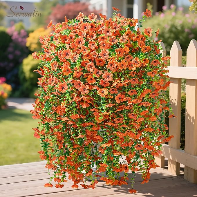 Serwalin 4PCS Artificial Fall Flowers for Outdoors Decoration, Realistic Silk Artificial Fall Hanging Flowers for Patio, Garden, Porch, Window, Outside (Orange,8PCS)