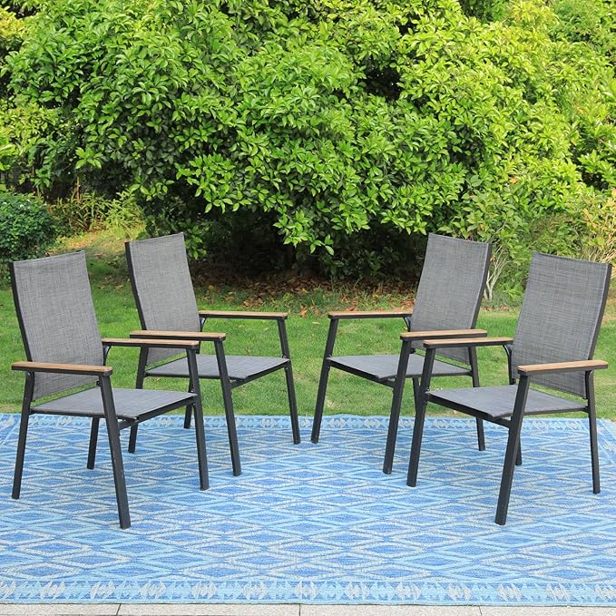 PHI VILLA Patio Dining Chairs Set of 4, Outdoor Lightweight Stackable Chair, All-Aluminum Frame and Sling Fabric, Wood-Like Armrest & Wider Seat for Deck Backyard Restaurant, Grey