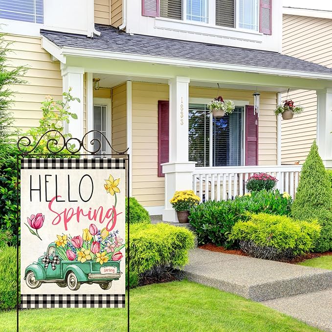 Hello Spring House Flags for Outdoor Decoration, Buffalo Plaid Truck with Flowers Large Yard Flag, Seasonal Decorative Celebration Decor for Farmhouse Holiday Outside 28x40 Inch Vertical