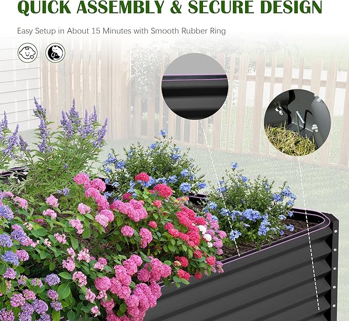 Domi 6x3x1.5ft Metal Raised Garden Beds Outdoor, Thickened Galvanized Steel Deep Root Planter Box with Stabilizing Bars & Rubber Edging for Vegetables, Flowers, Herbs - Dark Gray