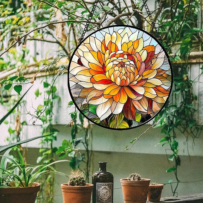 Stained Glass Window Hanging - Chrysanthemum Suncatcher for Doors Garden Patio Birth Flowers Sun Catchers Decor Christmas Mother's Day Birthday Gifts for Women Men Mom Nana Friend 15 in