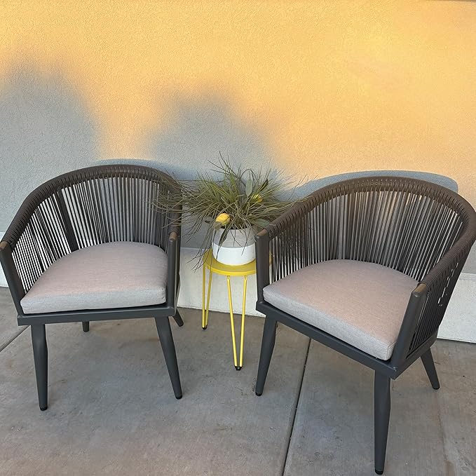 PURPLE LEAF 2 Pieces Outdoor Dining Chairs All-Weather Rattan for Lawn Garden Backyard Deck Patio Dining Chairs with Cushions, Navy Blue and Gray