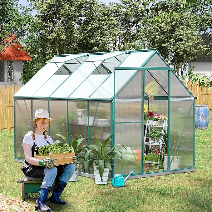 10x6 FT Polycarbonate Greenhouse for Outdoor, Heavy Duty Aluminum Frame Green House Kit with Double Vent Window Lockable Door, Transparent Panels, Walk in Plant Green Houses for Garden Patio