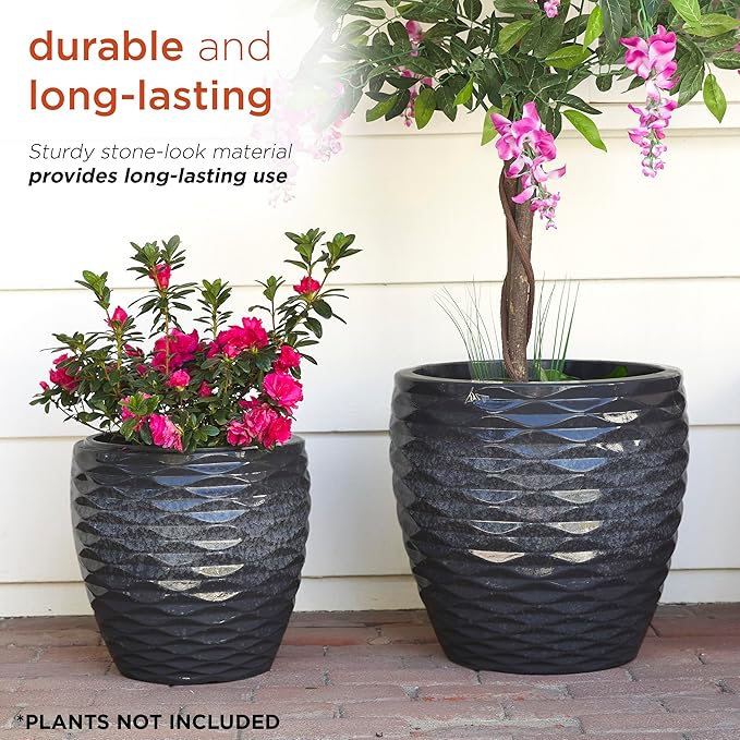 Alpine Corporation Indoor/Outdoor Embossed Wave Planters with Drainage Holes, Speckled Gray (Set of 2)